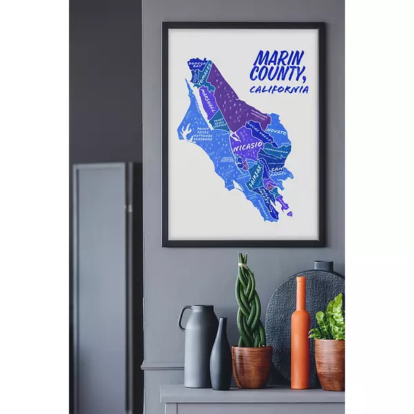 Marin County California map, blue tones