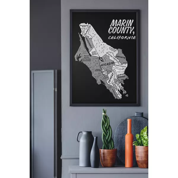 Marin county California map, white with black background